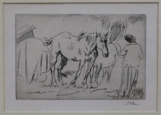 Augustus John (1878-1961) Study of horses and a girl standing 4 x 6in.